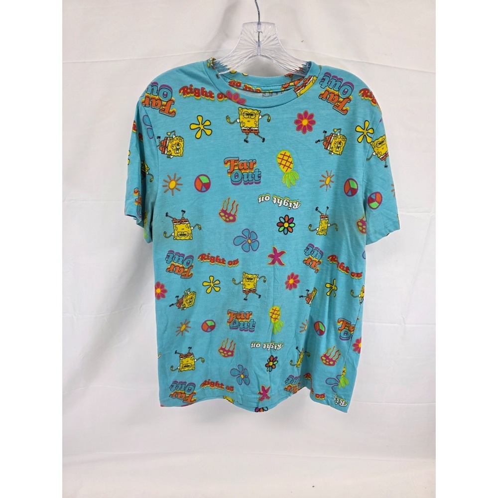 SpongeBob SquarePants Far Out All Over Print T-Shirt‎ Blue Retro Mens Large L